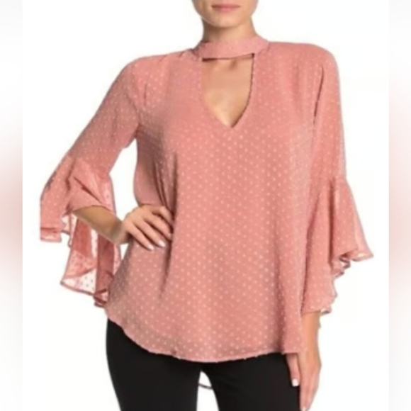 BAND OF GYPSIES Women's Size Small Blush Swiss Dot Bell Sleeve V-neck Blouse - Picture 1 of 12